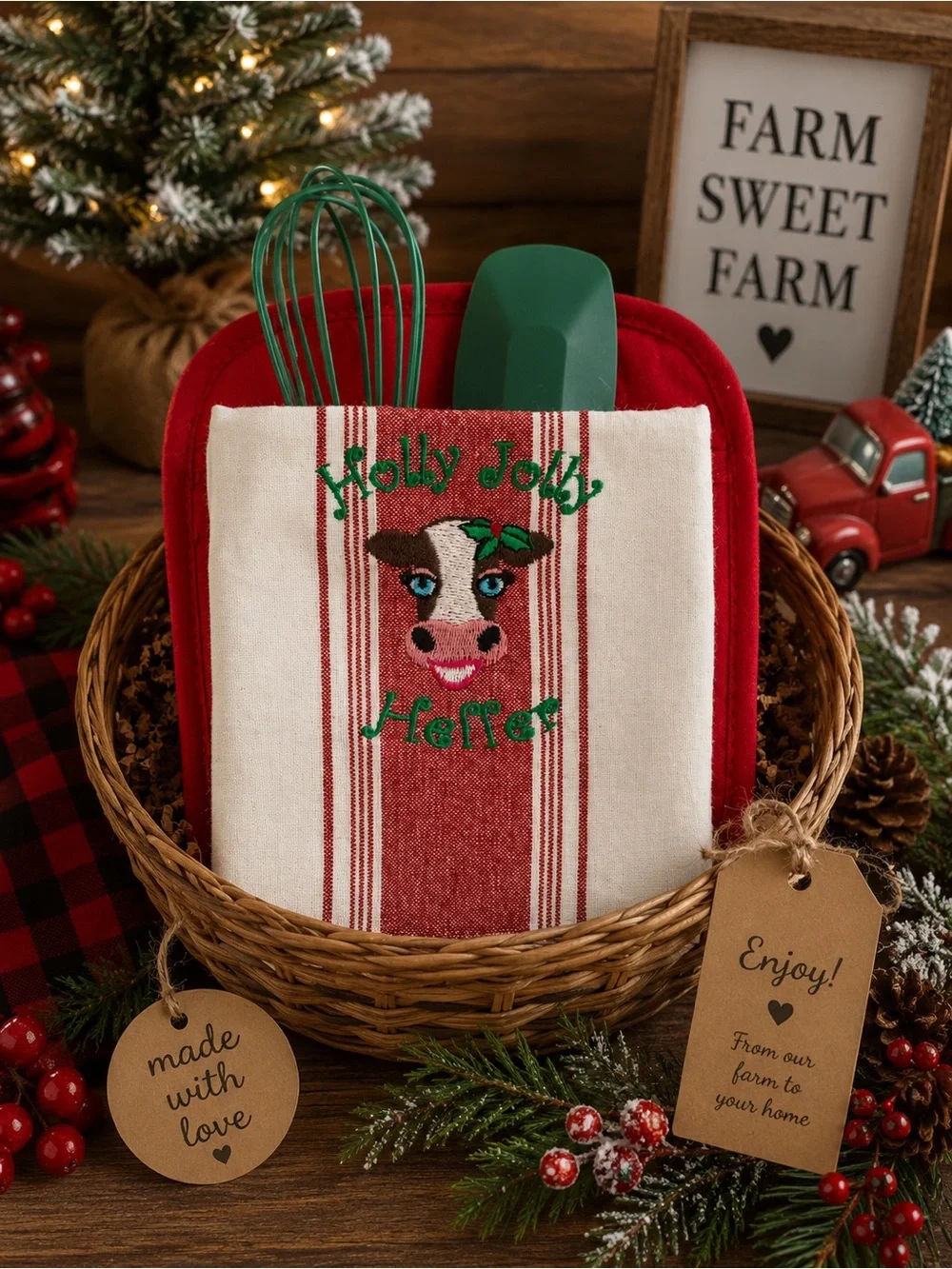 Holiday Red & Cream 'Holly Jolly Heffer' Kitchen Towel Gift set